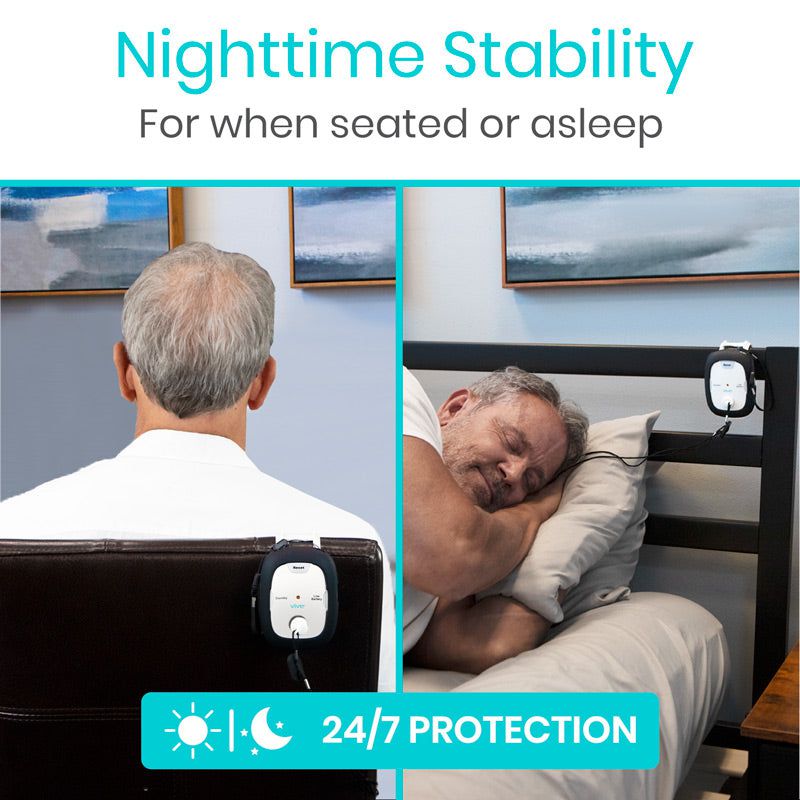 Product advertisement showing a person using a device for nighttime stability, with text 'Nighttime Stability' and '24/7 Protection'.