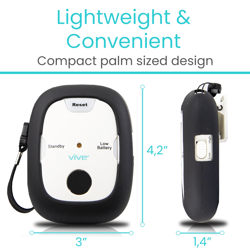 Compact palm-sized device with dimensions labeled, highlighting its lightweight and convenient design.