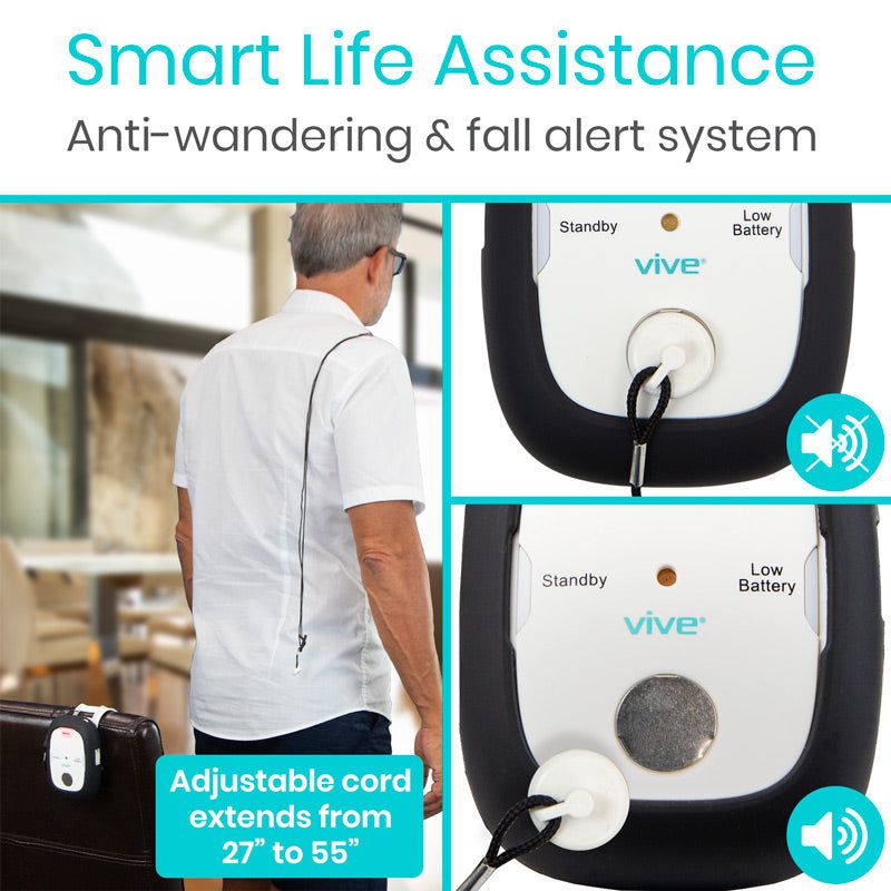 Smart life assistance device with adjustable cord and 'Vive' branding, used for anti-wandering and fall alert system.
