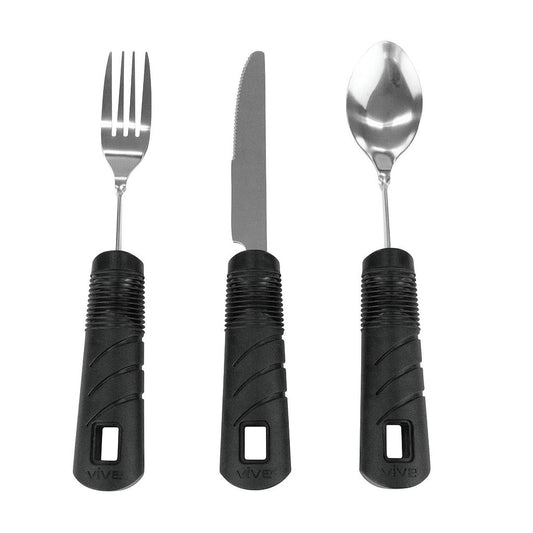 Set of black-handled cutlery including fork, knife, and spoon on a white background