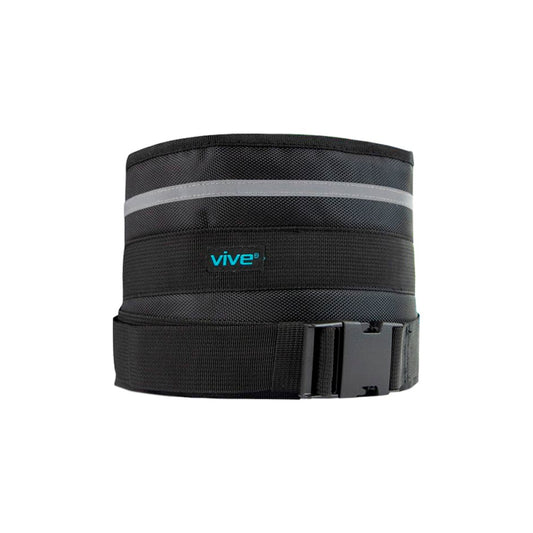 Black waist support belt with reflective strip and 'Vive' branding on a white background