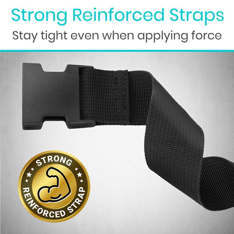 Black reinforced strap with a gold badge on a gray background