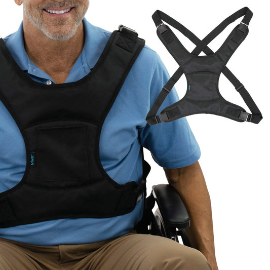 Man wearing a black vest and shoulder harness with a close-up of the harness on a white background.