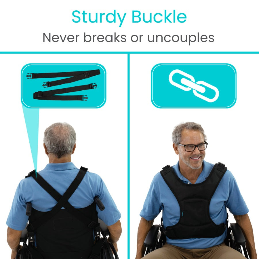 Person using a wheelchair with a black vest featuring a sturdy buckle, emphasizing durability.
