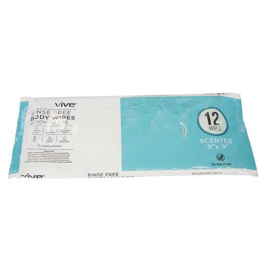 Package of Vive rinse-free body wipes on a white background