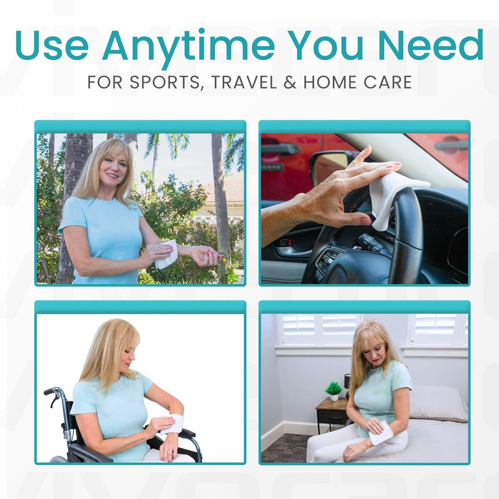 Promotional graphic for a product used anytime, featuring a woman applying cream outdoors, cleaning car interior, and using the product in various settings.