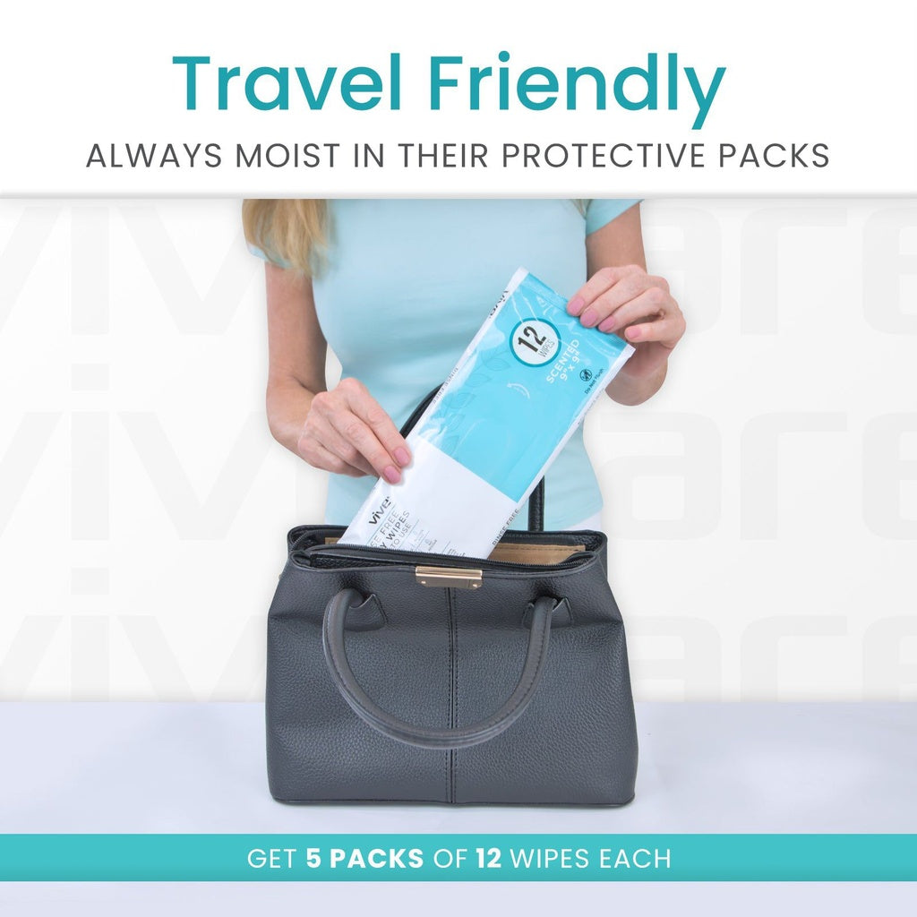 Person placing a package into a handbag with promotional text about travel-friendly packaging.