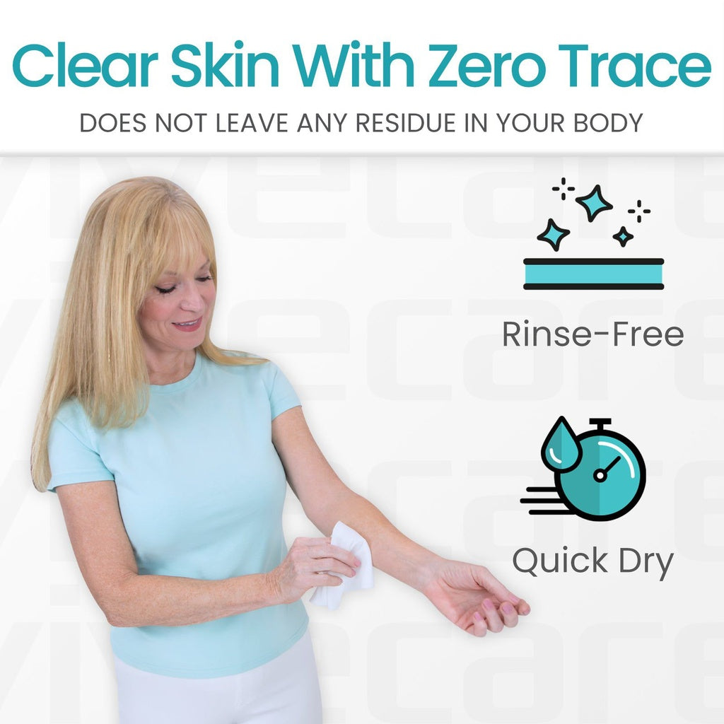 Woman using a product on her arm with text about clear skin and rinse-free quick dry properties.