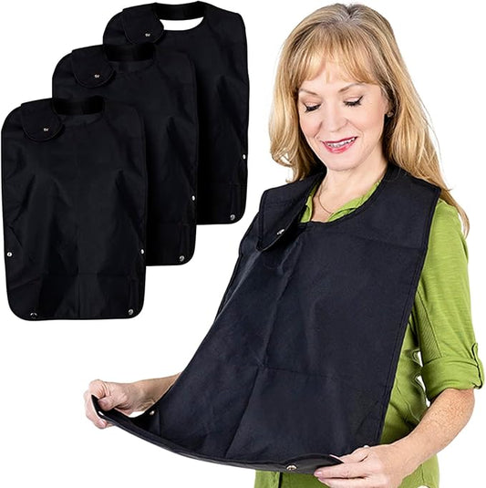 Woman wearing a black car seat cover with additional covers displayed on a white background