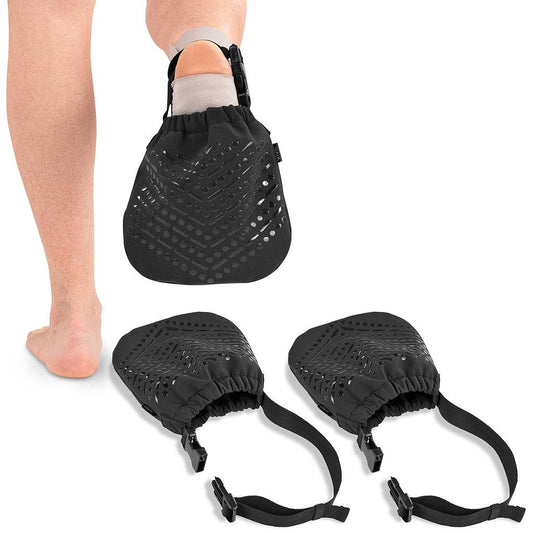 Black foot care devices with straps on a white background