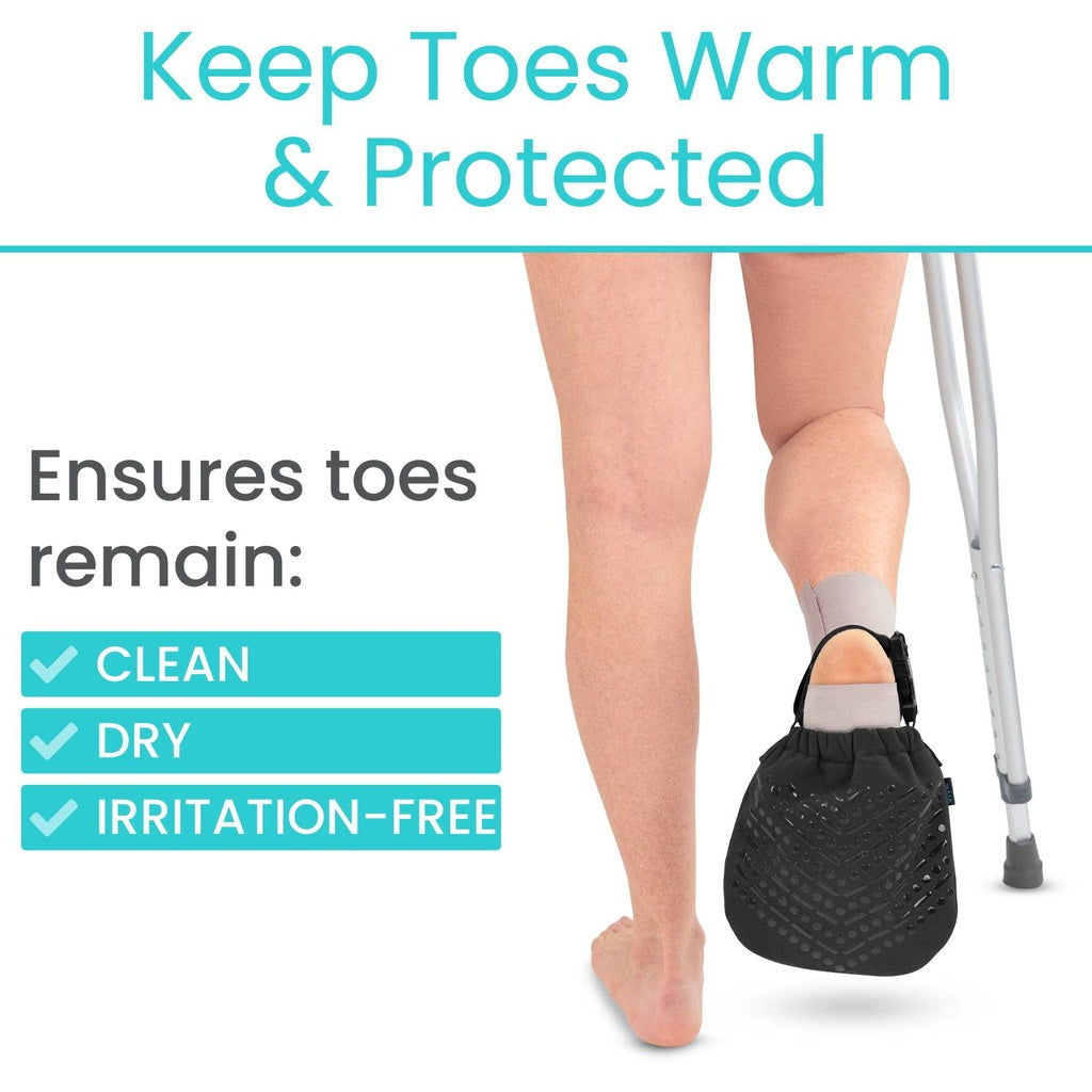 Person using a foot care device with text 'Keep Toes Warm & Protected' and benefits listed.