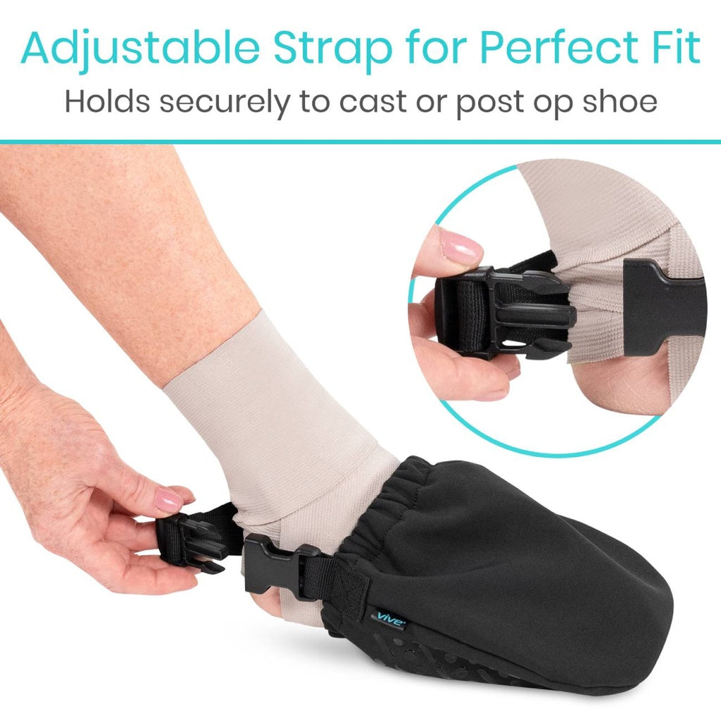 Adjustable cast cover with strap being worn on a foot, showing close-up of the strap mechanism.
