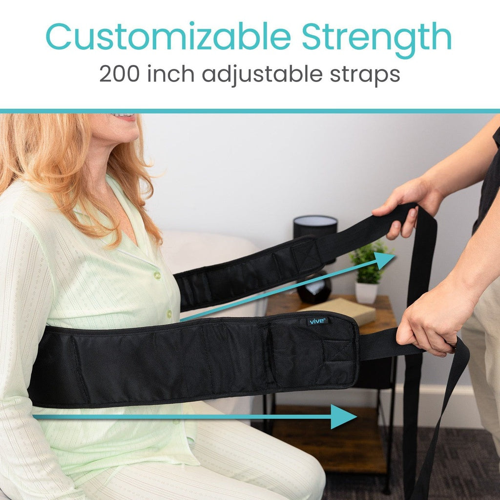 Woman wearing a black adjustable strap with text indicating customizable strength and 200 inch adjustable straps.