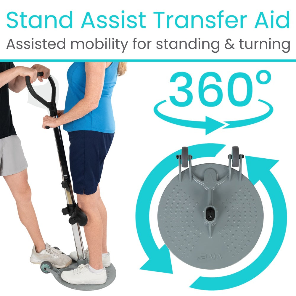 Stand Assist Transfer Aid with text indicating assisted mobility for standing and turning, featuring a 360-degree rotation.