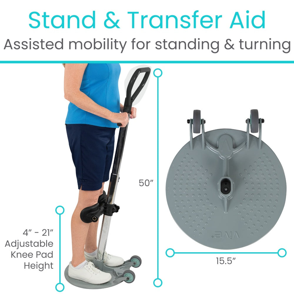 Stand & Transfer Aid with adjustable knee pad height and dimensions on a white background