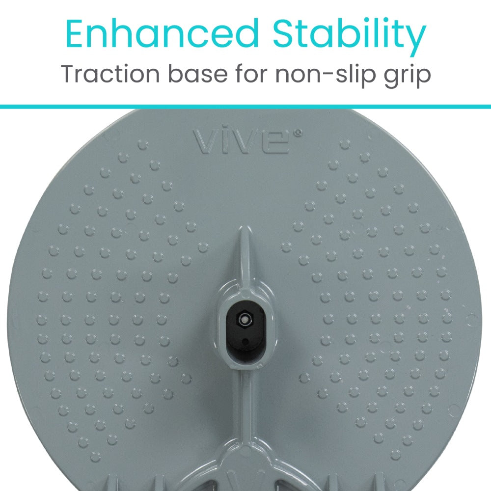 Gray traction base with text 'Enhanced Stability' and 'Traction base for non-slip grip' on a white background.