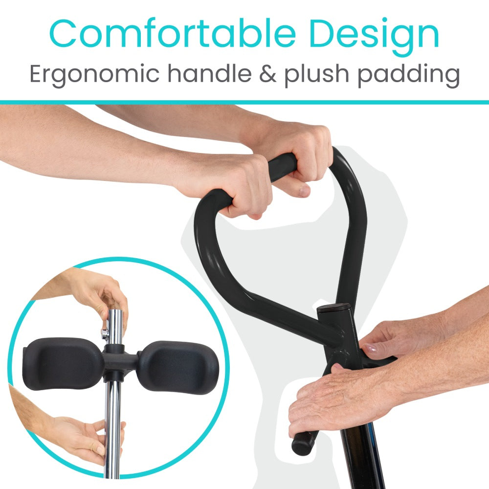 Ergonomic handle with plush padding being held by hands, with text 'Comfortable Design' and 'Ergonomic handle & plush padding'.
