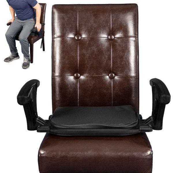 Brown leather office chair with a black seat pad on a white background