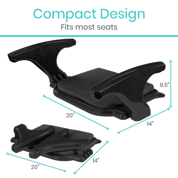 Black car seat mount with dimensions on a white background