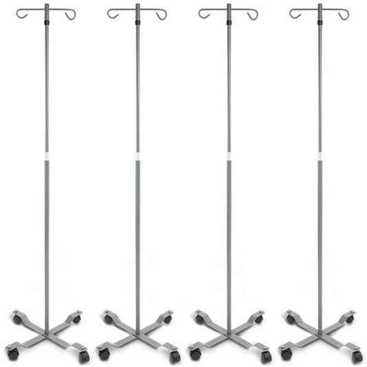 Four medical IV stands with wheels on a white background