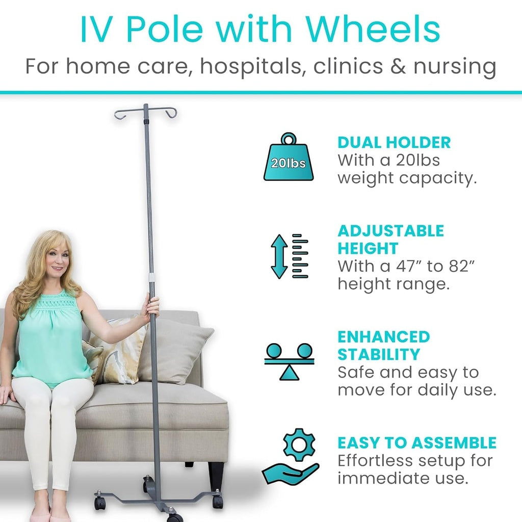 IV pole with wheels for home care, hospitals, clinics & nursing, featuring a woman holding it.
