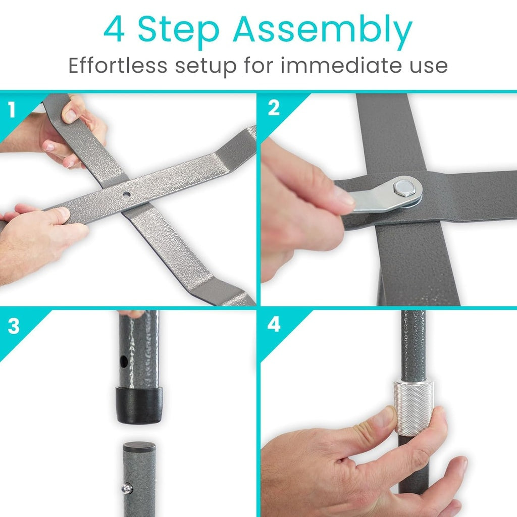 Step-by-step assembly guide for a metal frame with text '4 Step Assembly' and 'Effortless setup for immediate use'.