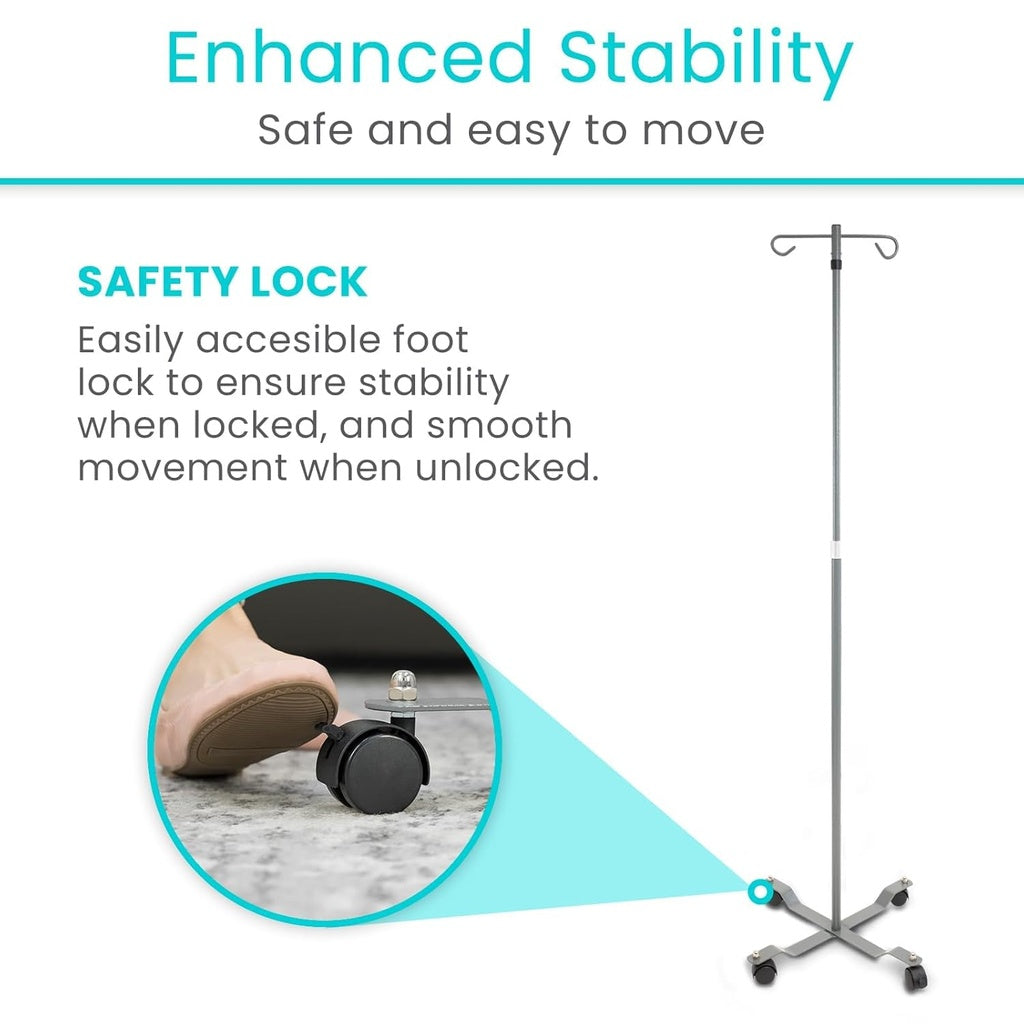 Intravenous (IV) stand with safety lock feature and text highlighting stability and ease of movement.