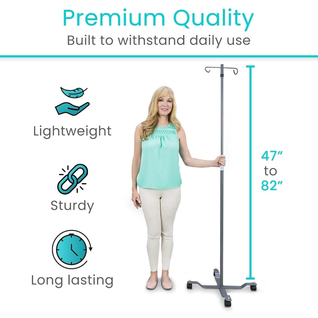Woman holding a standing height measuring device with text highlighting features and dimensions.