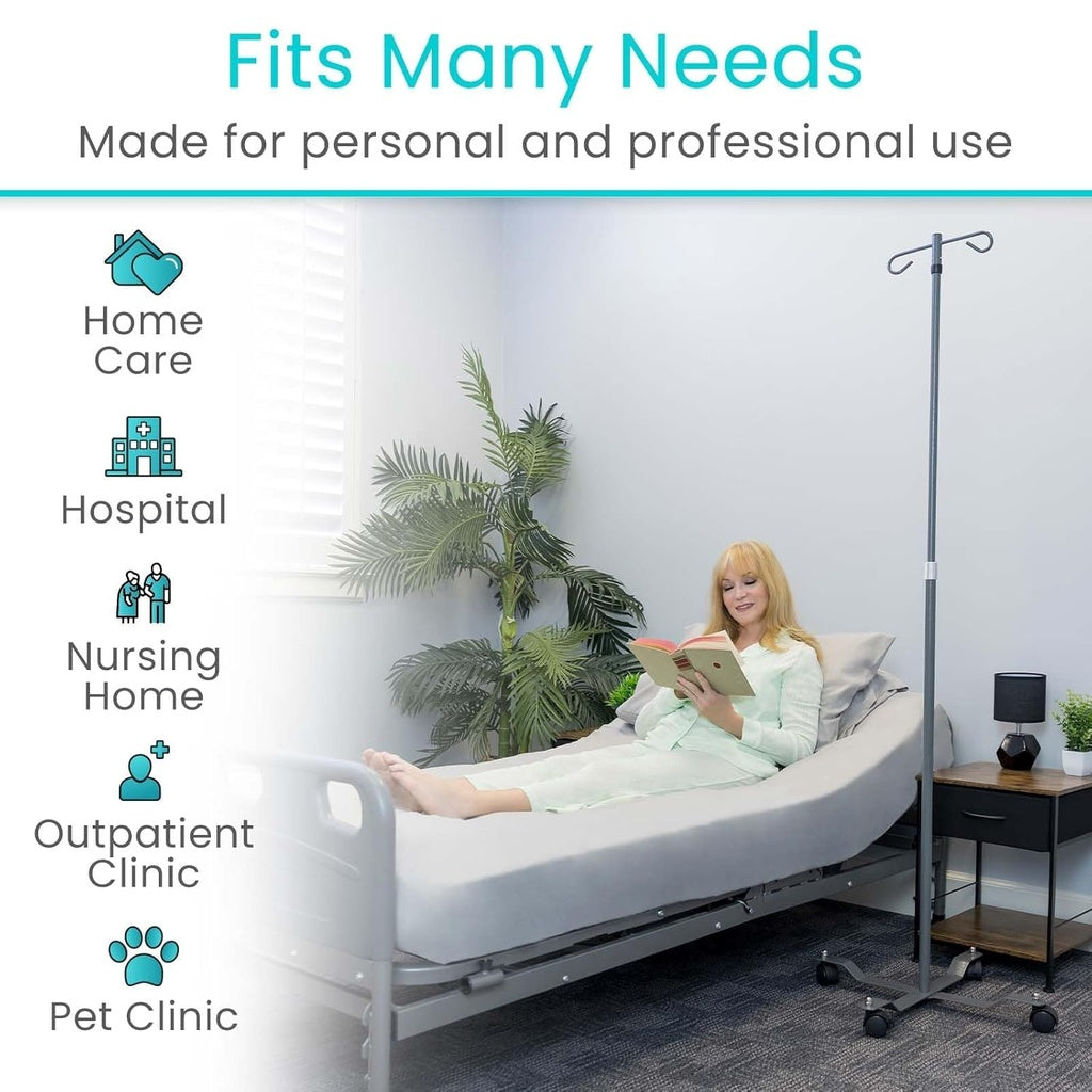 Bed with woman reading a book in a home care setting, surrounded by icons and text indicating its versatility.