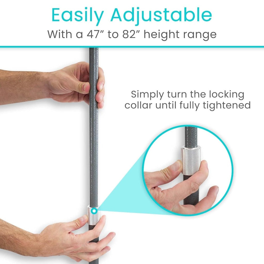 Adjustable pole with hands turning locking collar, text indicating height range and ease of adjustment.
