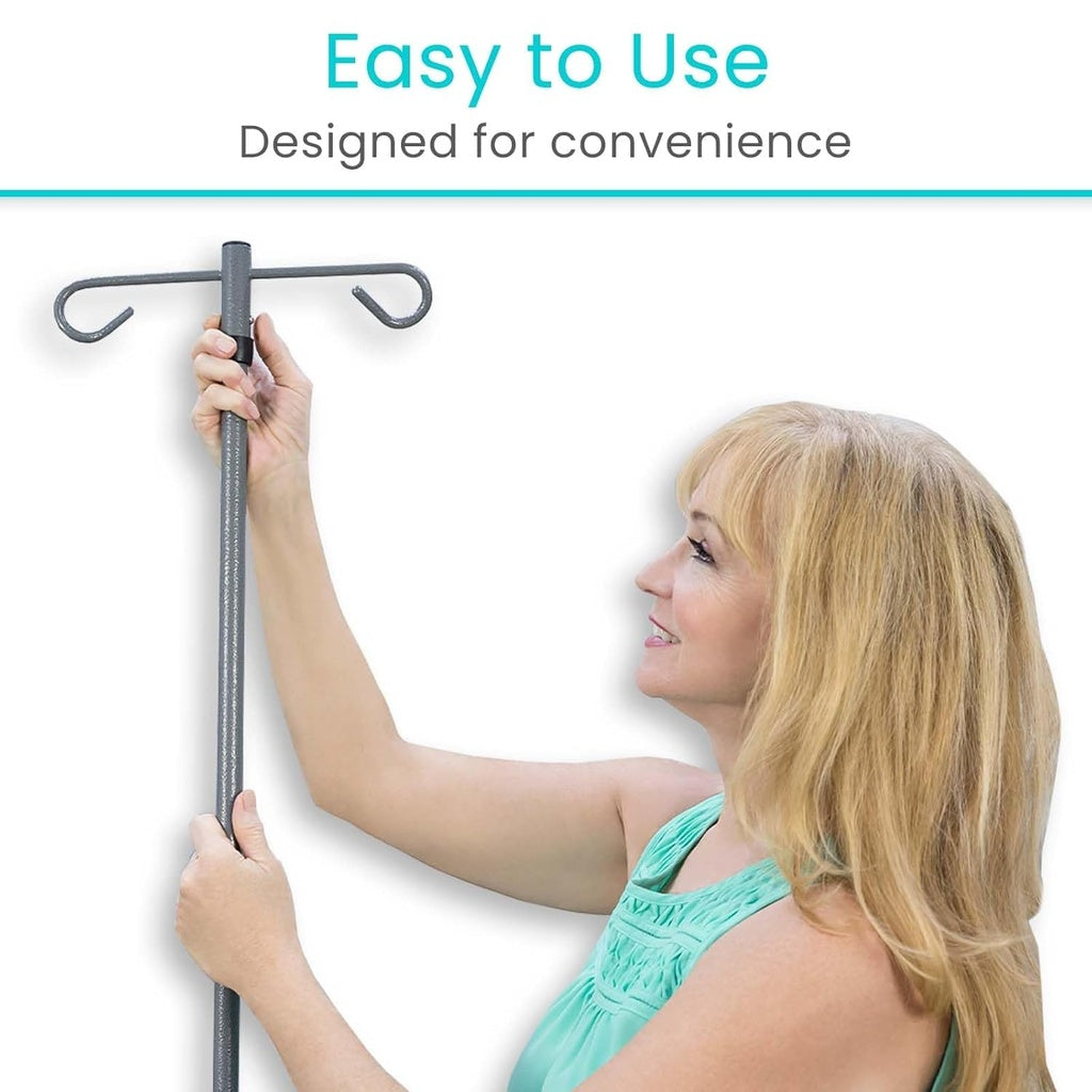 Woman using a wall-mounted hook with text 'Easy to Use, Designed for convenience' on a white background