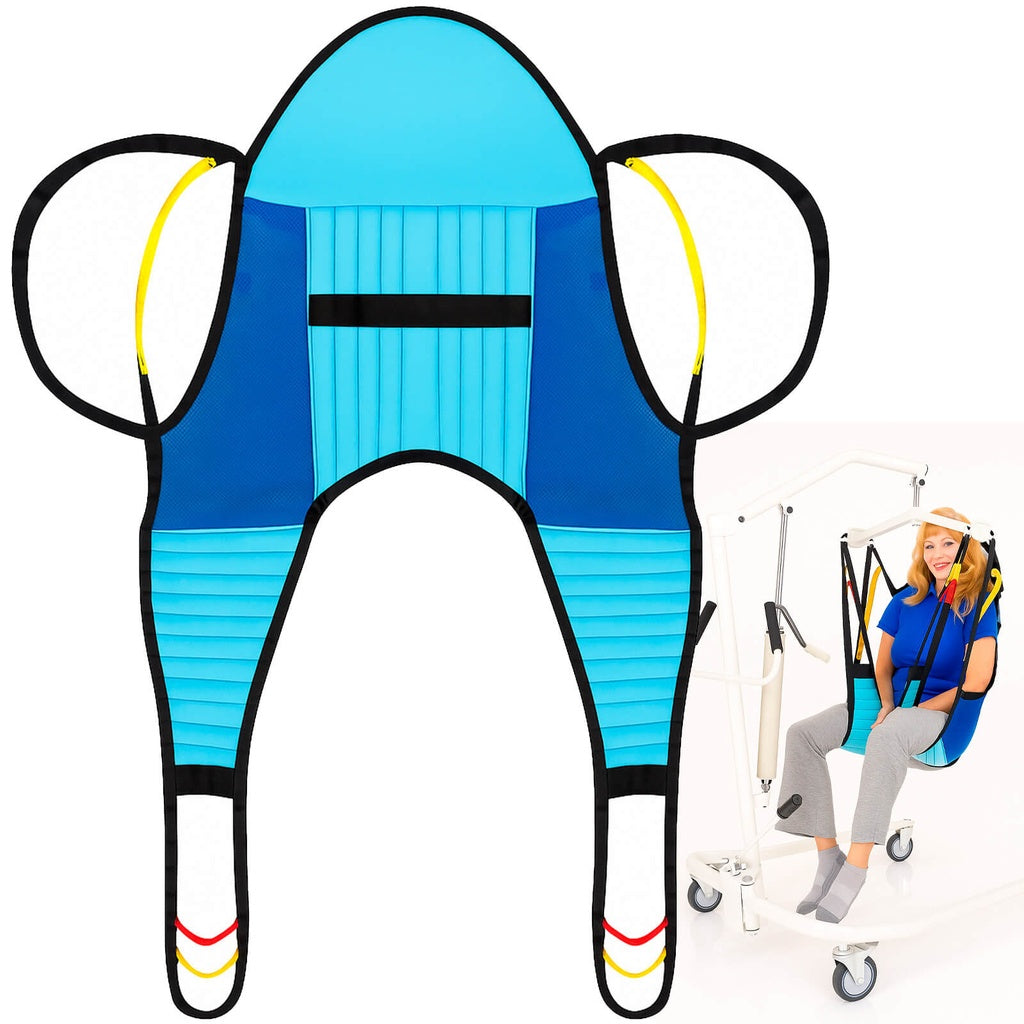 Blue and black patient holding device with wheels on a white background