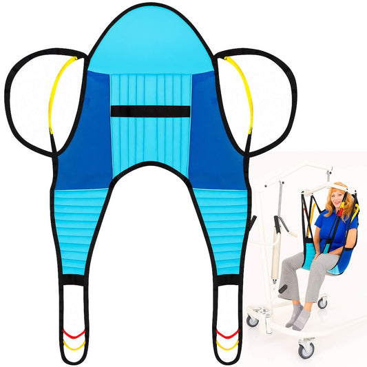 Blue and black patient holding device with wheels on a white background