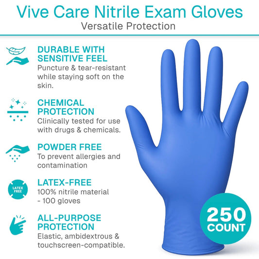 Vive Care Nitrile Exam Gloves with features listed on a white background