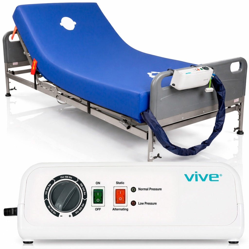Blue hospital bed with control panel on a white background, featuring the brand 'Vive'.