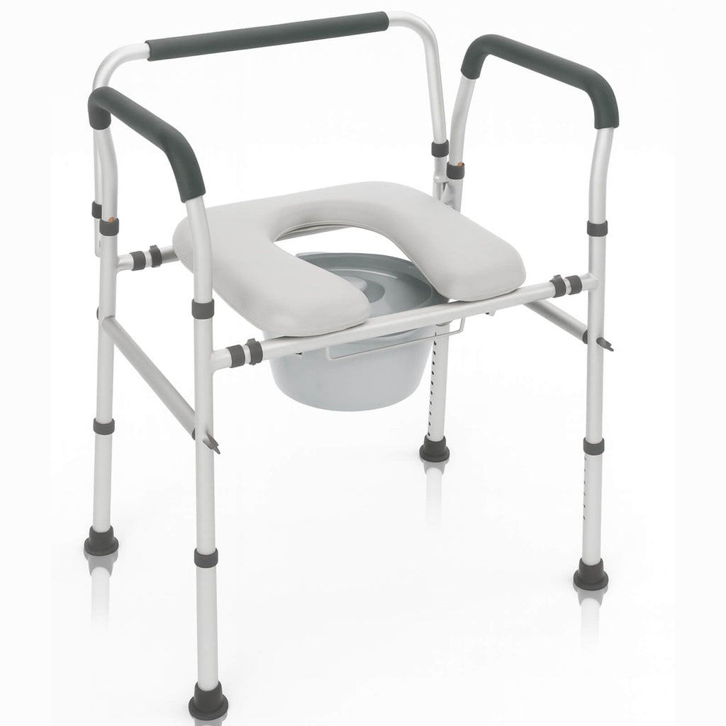 Portable commode chair with gray seat and white frame on a white background