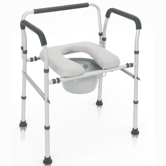 Portable commode chair with gray seat and white frame on a white background