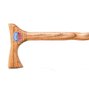 Wooden handle with a logo on a white background