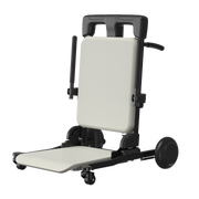 A black and off-white adjustable wheelchair transfer seat with a padded backrest, footrest, and caster wheels, shown on a solid white background.