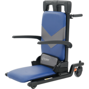 Blue and black mechanical chair lift on a white background
