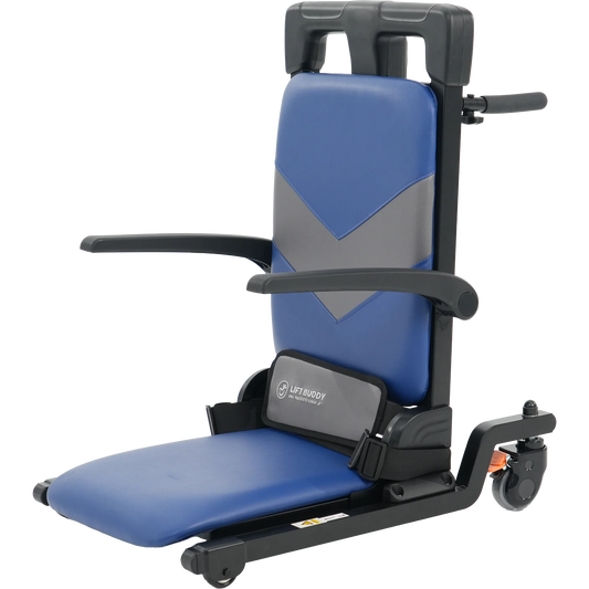 Blue and black mechanical chair lift on a white background