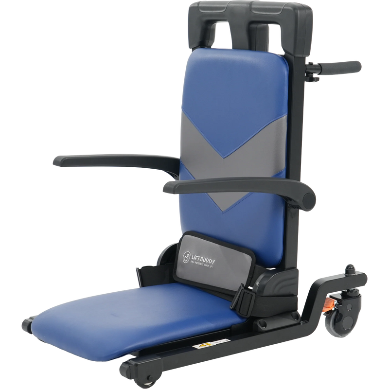 Blue and black mechanical chair lift on a white background
