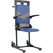 Blue and gray adjustable chair with wheels on a white background