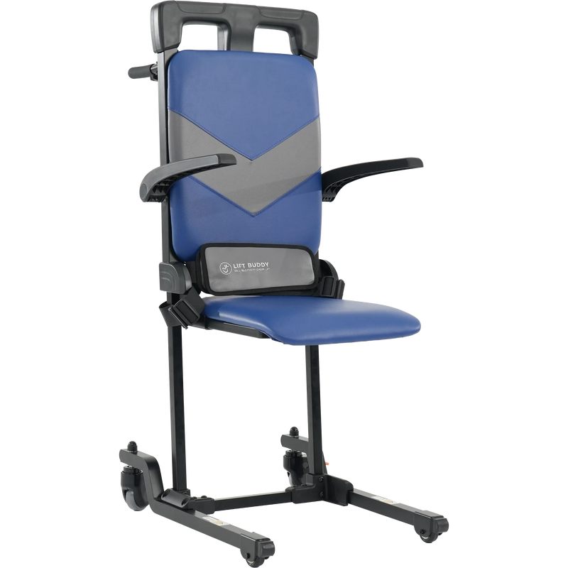 Blue and gray adjustable chair with wheels on a white background