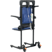 Manual patient lift with blue seat and black frame on a white background