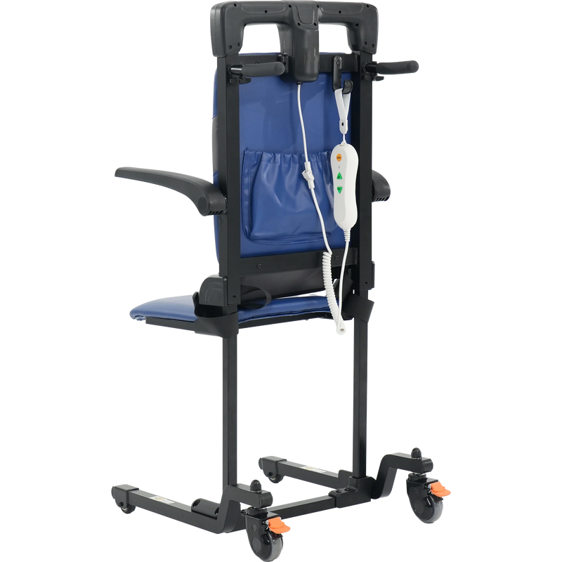 Manual patient lift with blue seat and black frame on a white background