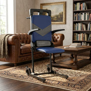 Blue and black adjustable chair in a living room setting with a brown leather sofa and bookshelf.