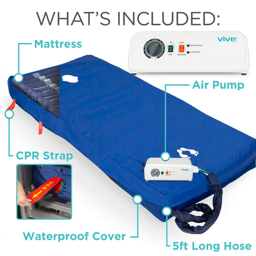 Inflatable mattress with air pump, CPR strap, and waterproof cover on a white background