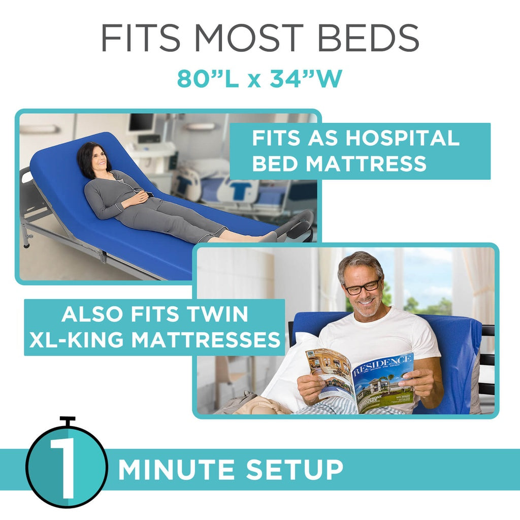Advertisement for a blue hospital bed with text highlighting its features and compatibility.