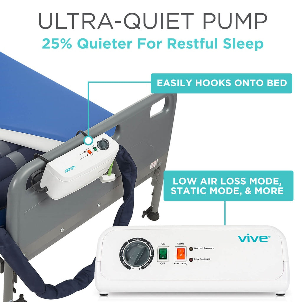 Ultra-quiet pump for medical equipment with features highlighted on a white background